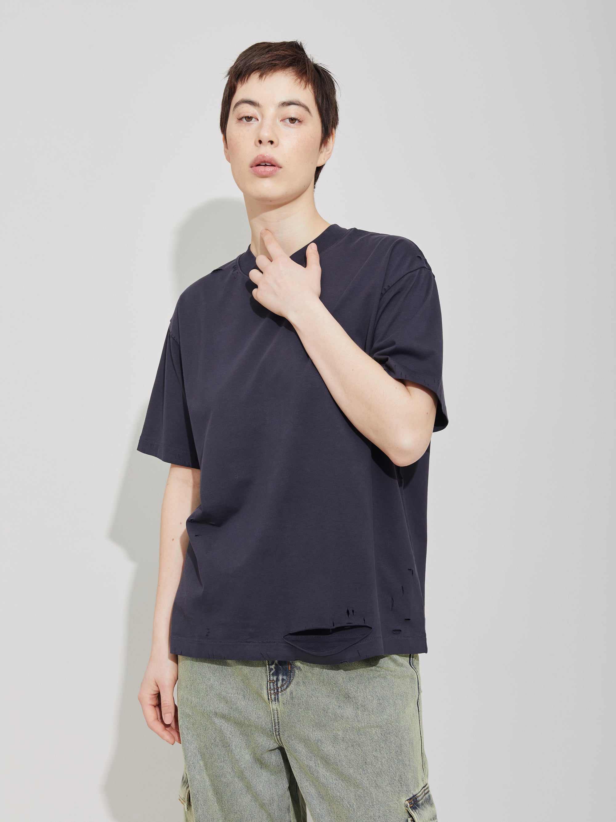 Blue Black Aging Destroyed Short Sleeve T-Shirt