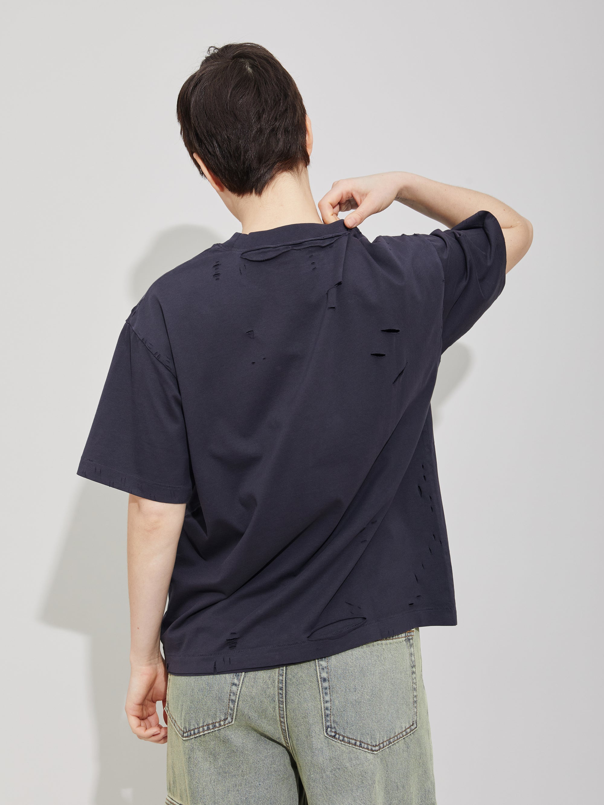 Blue Black Aging Destroyed Short Sleeve T-Shirt