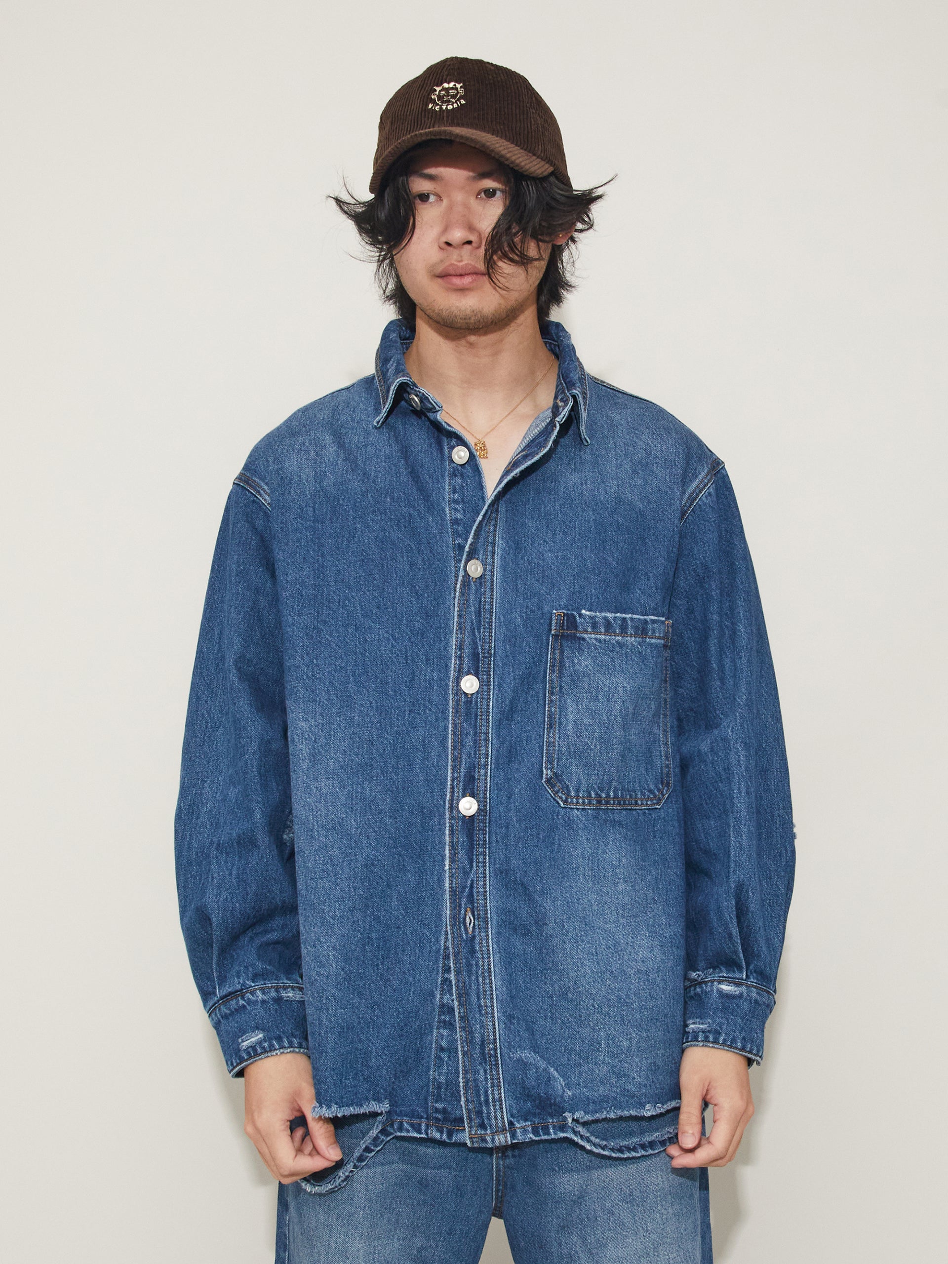 Indigo Destroyed Oversized Denim Shirt