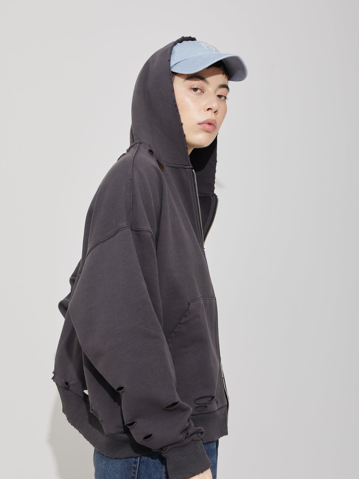 Grey Washed Aging Destroyed Zip Up Hoodie – LANG