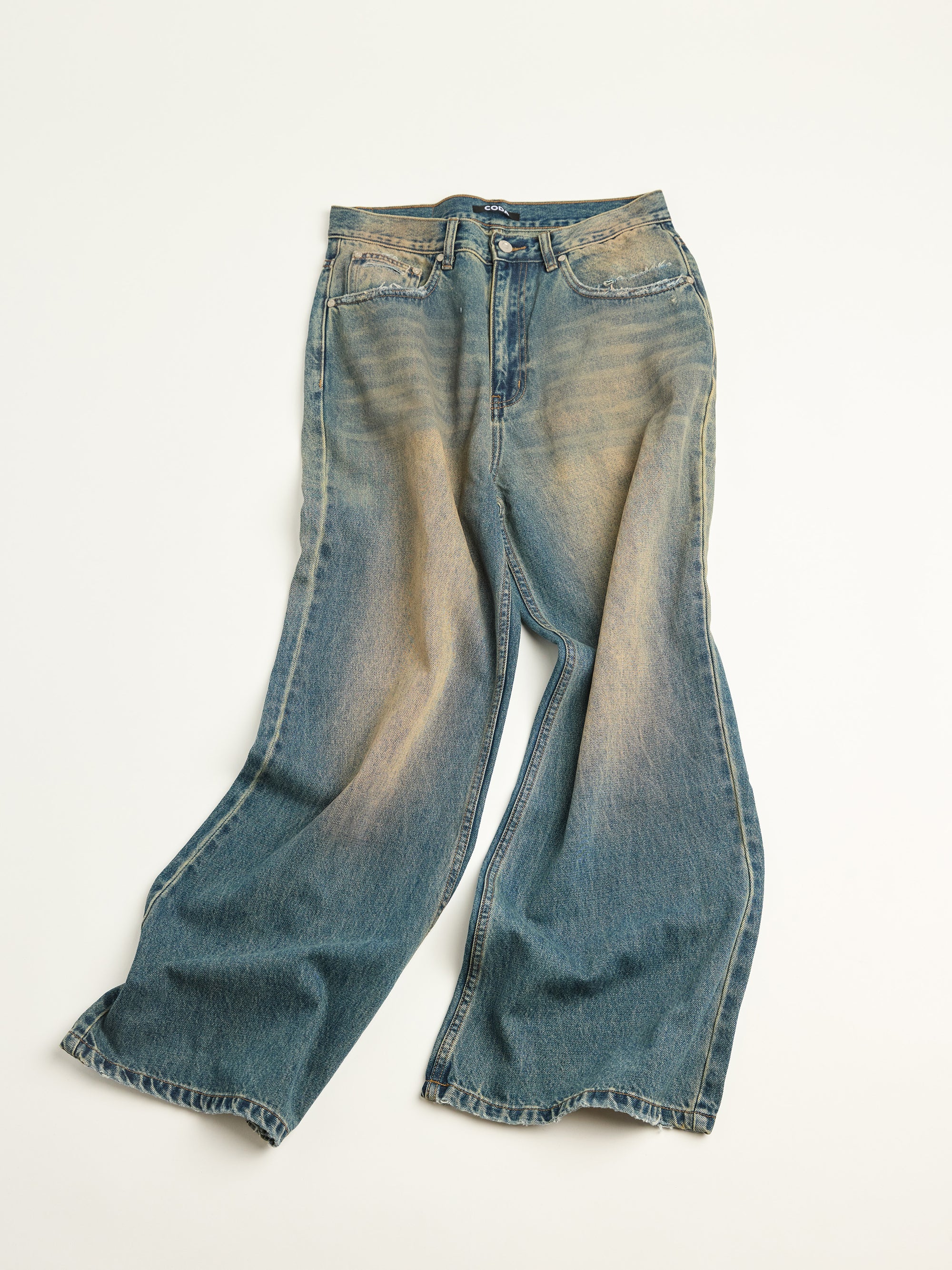 Faded Dirty Indigo Washed Break Cut Wide Leg Flared Jeans
