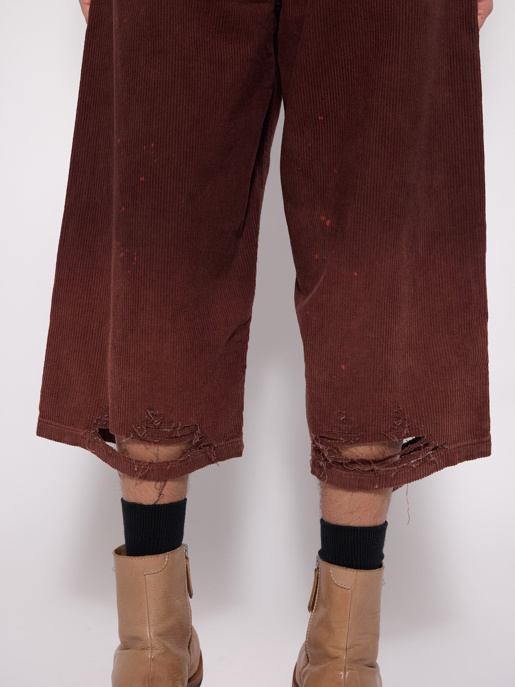 Brown Washed Bleached Corduroy Destroyed Cut Out Shorts