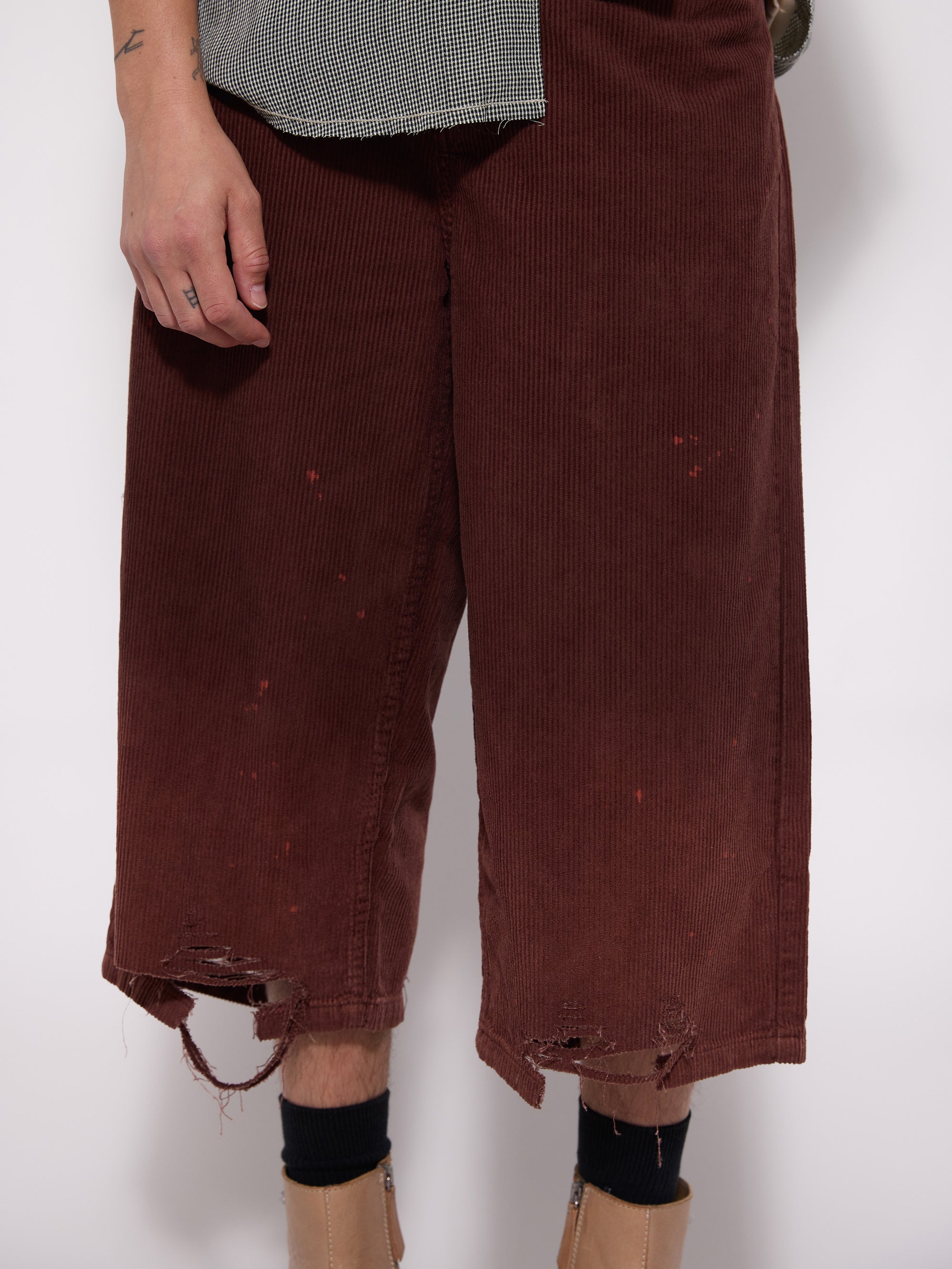 Brown Washed Bleached Corduroy Destroyed Cut Out Shorts