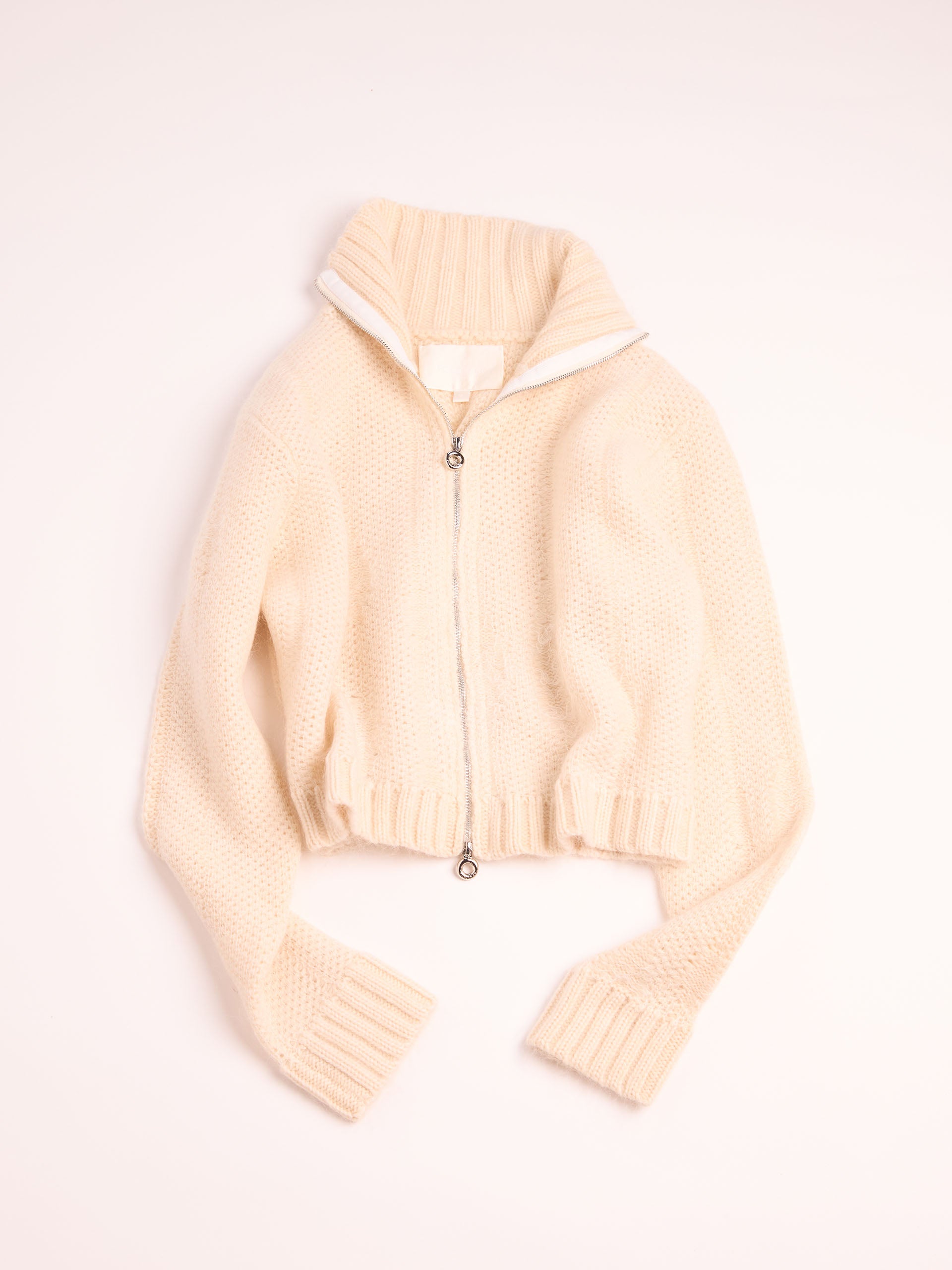“PATINA” FLOAT STITCH KNITTED ZIP-UP CARDIGAN