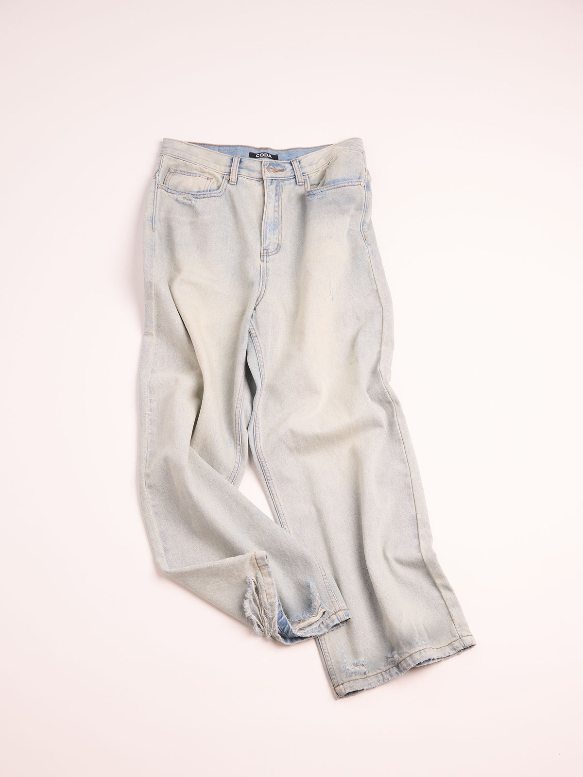 Light Indigo Washed Distressed Break Cut Wide Straight Jeans