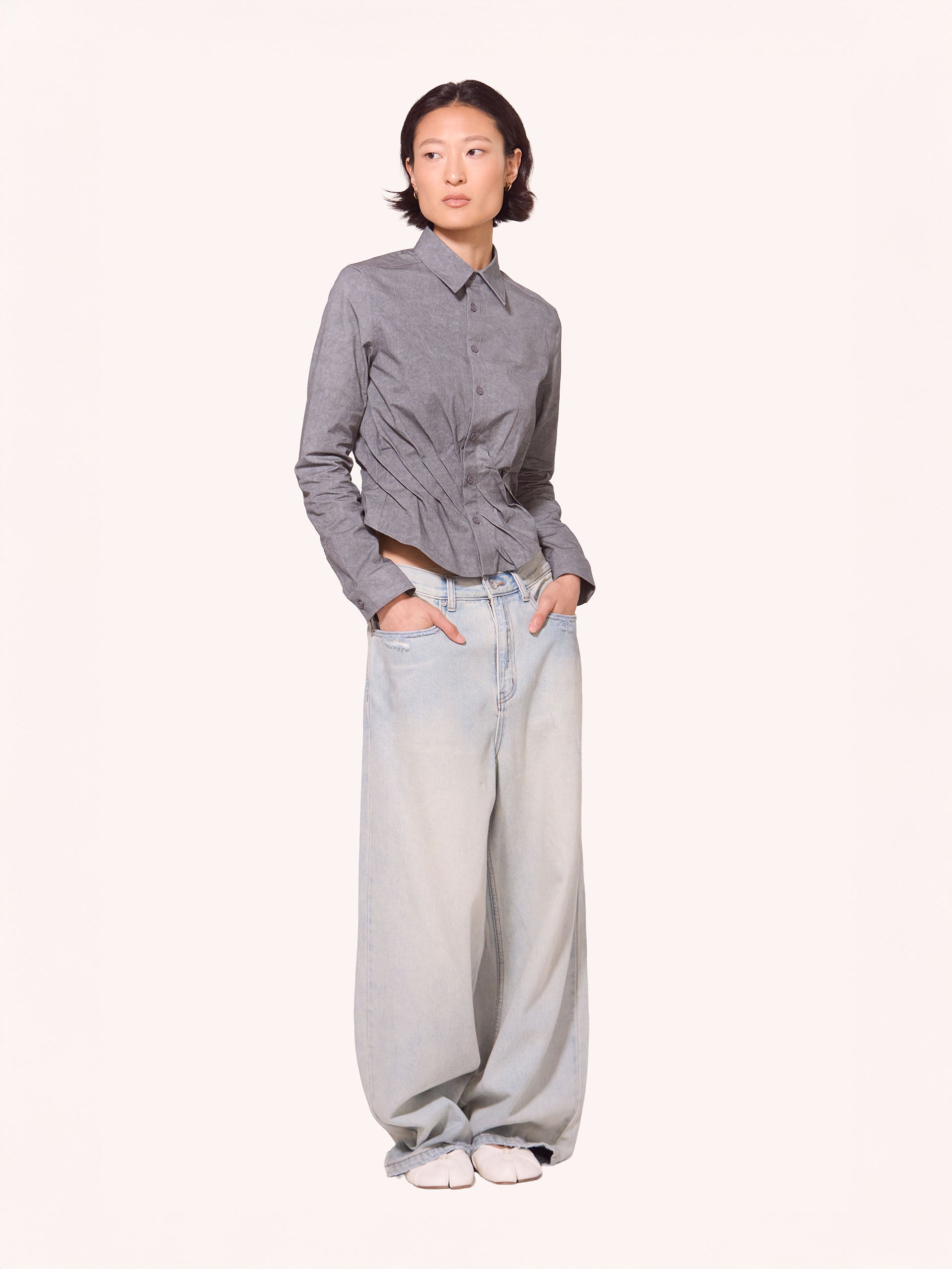 Light Indigo Washed Distressed Break Cut Wide Straight Jeans