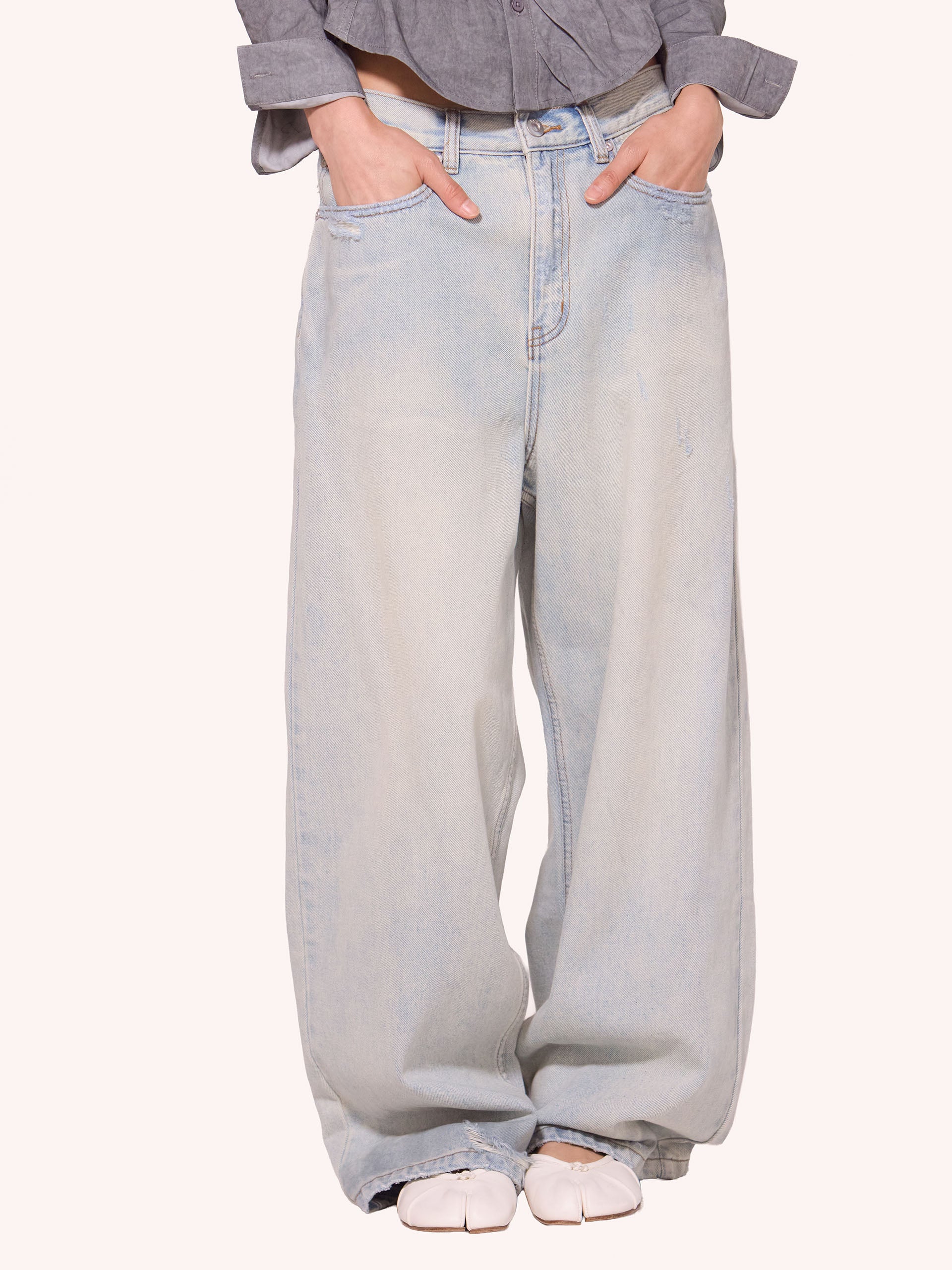 Light Indigo Washed Distressed Break Cut Wide Straight Jeans