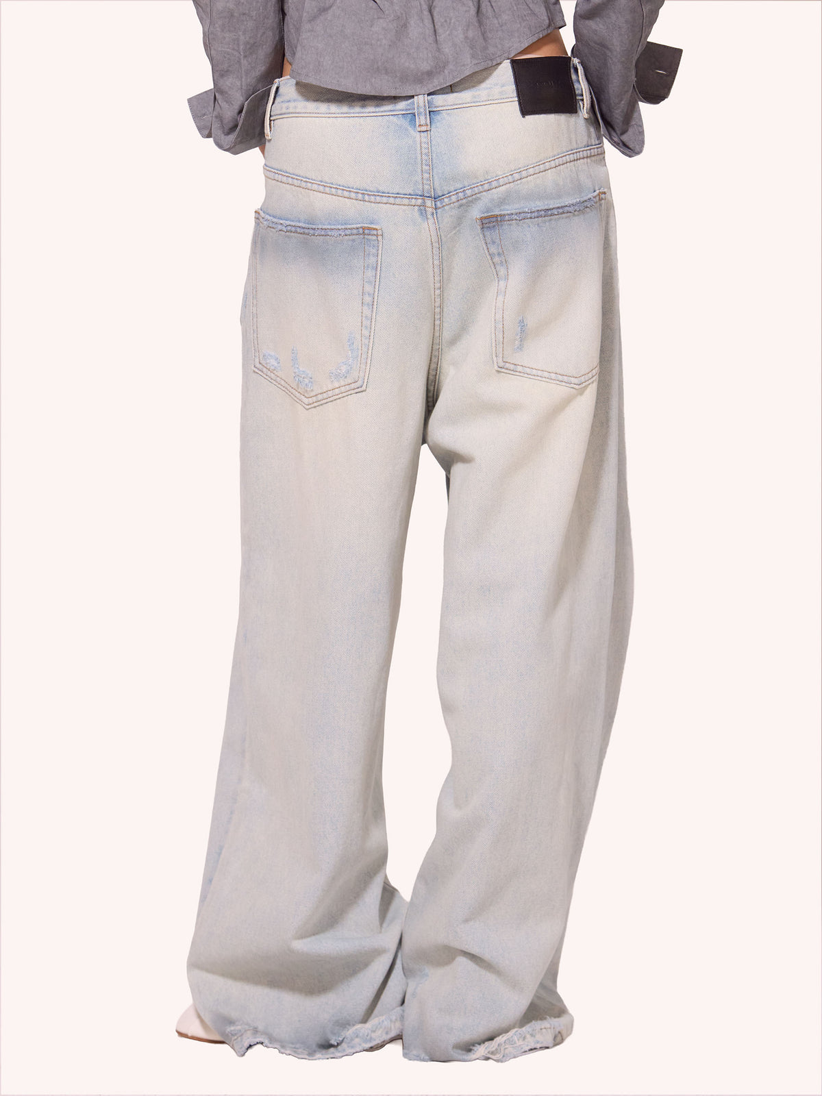 Light Indigo Washed Distressed Break Cut Wide Straight Jeans