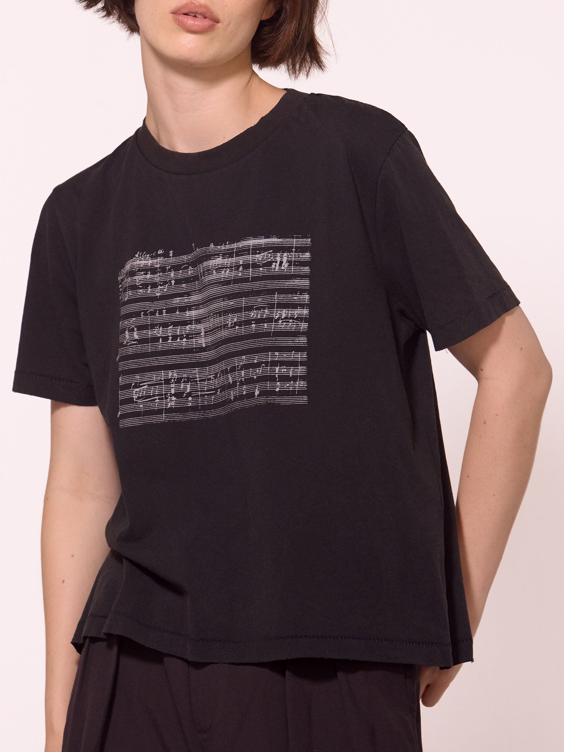 Washed Music Sheet Printed SS Thrift Cut T-shirt