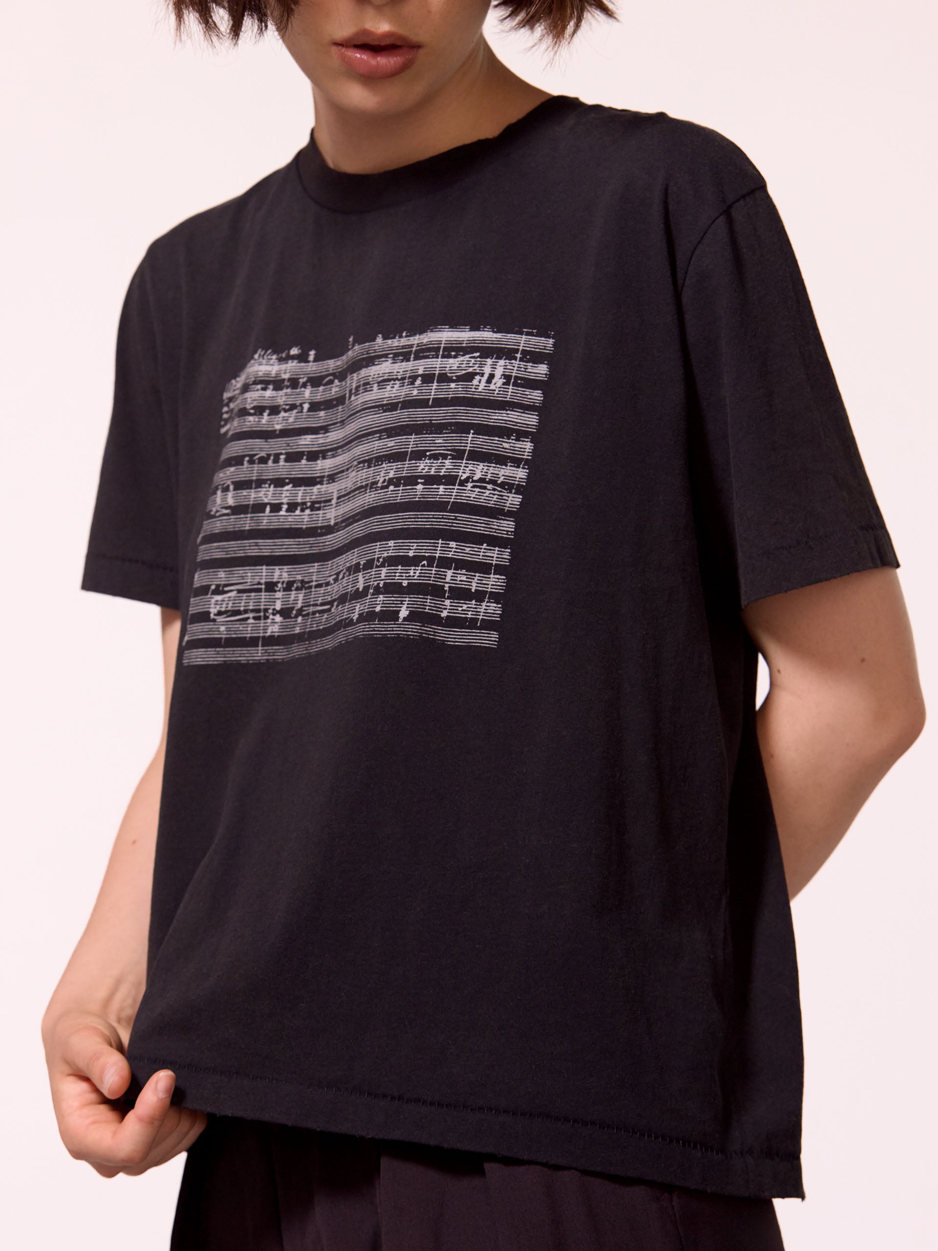 Washed Music Sheet Printed SS Thrift Cut T-shirt