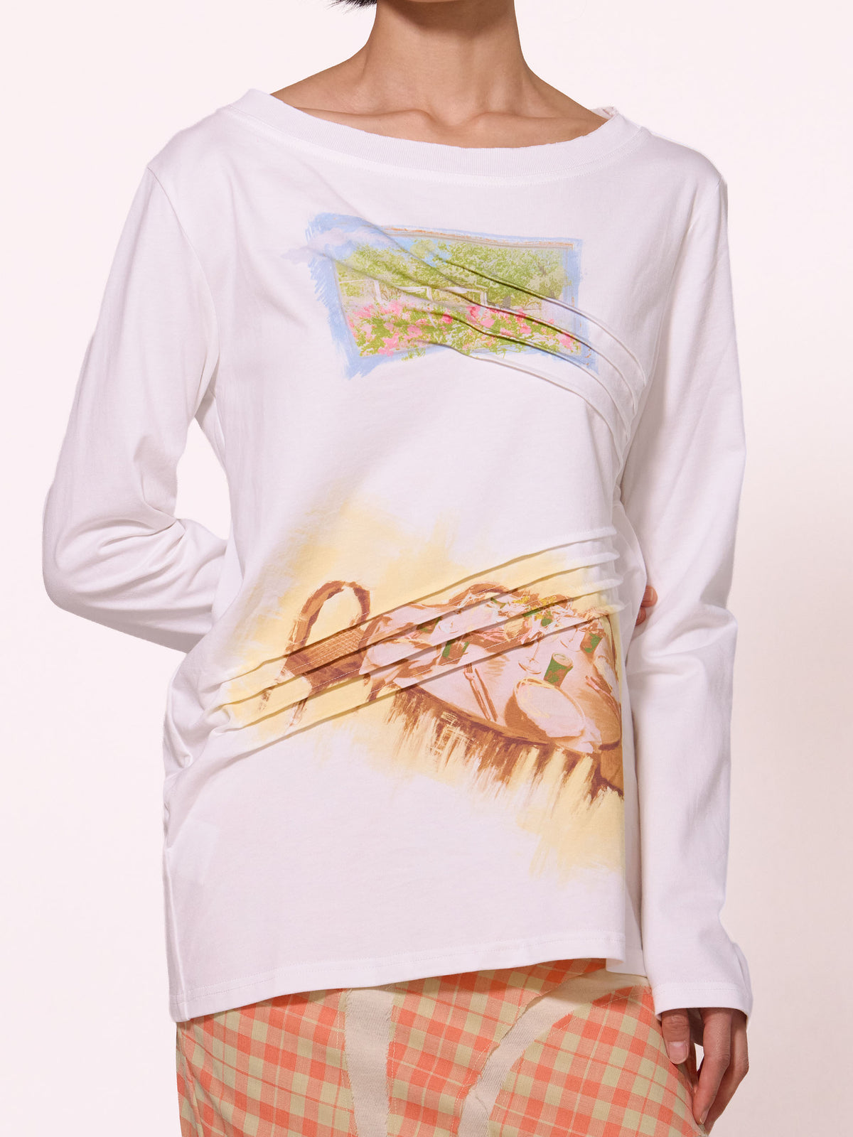 “LENS” PRINTED & PLEATED LONG-SLEEVE T-SHIRT