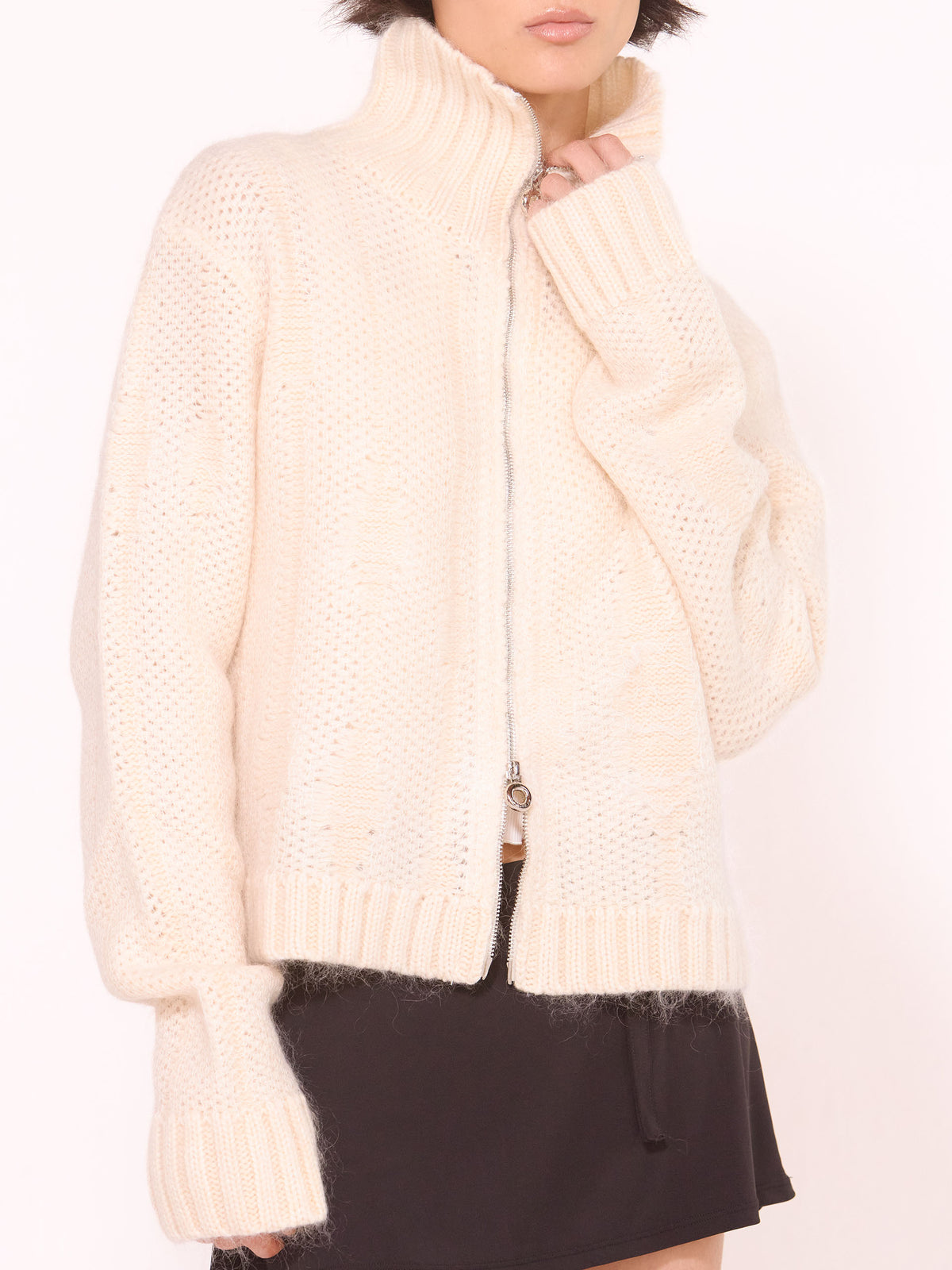 “PATINA” FLOAT STITCH KNITTED ZIP-UP CARDIGAN