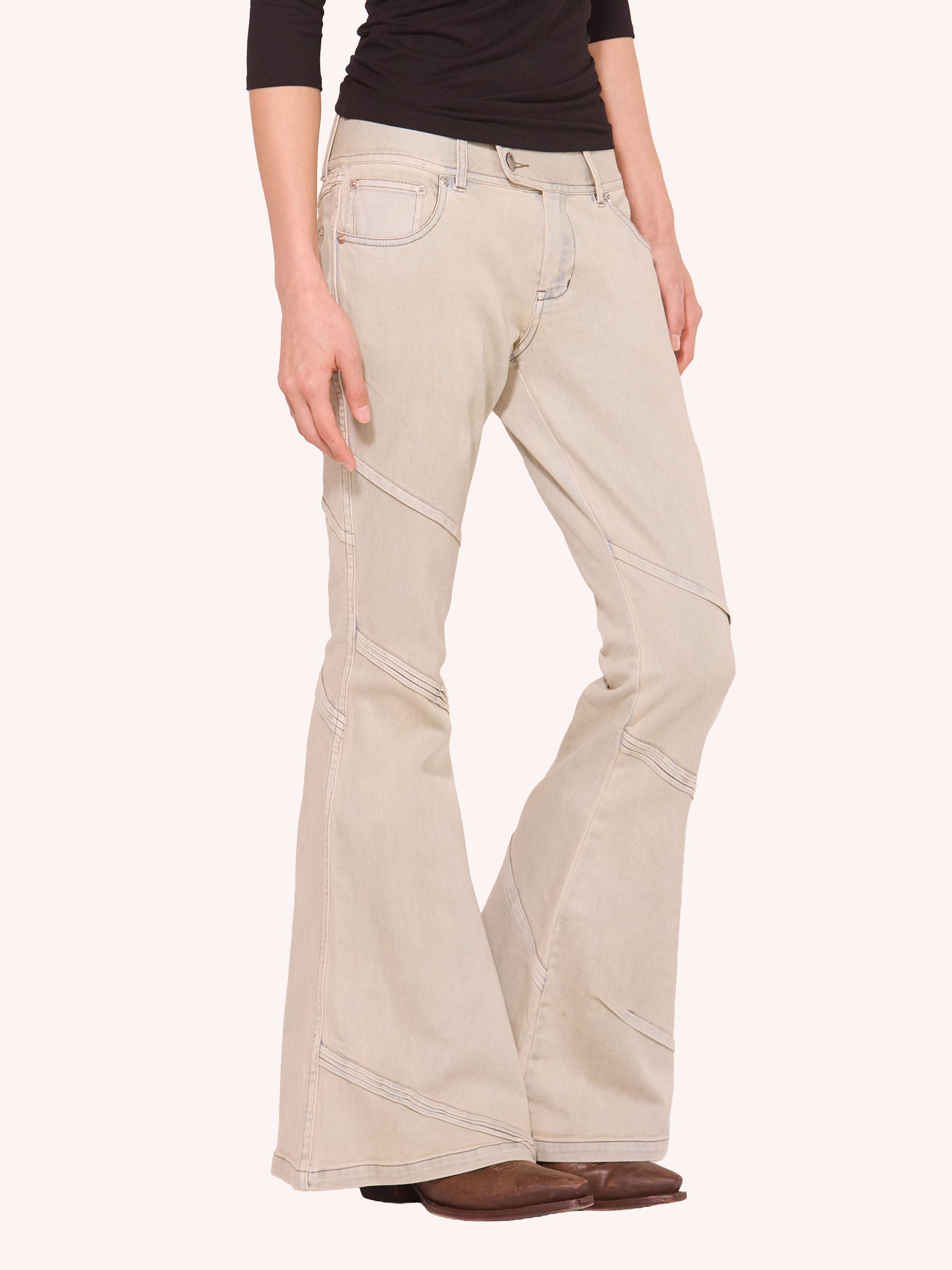 “PORTAL" PLEATED FLARED DENIM TROUSERS