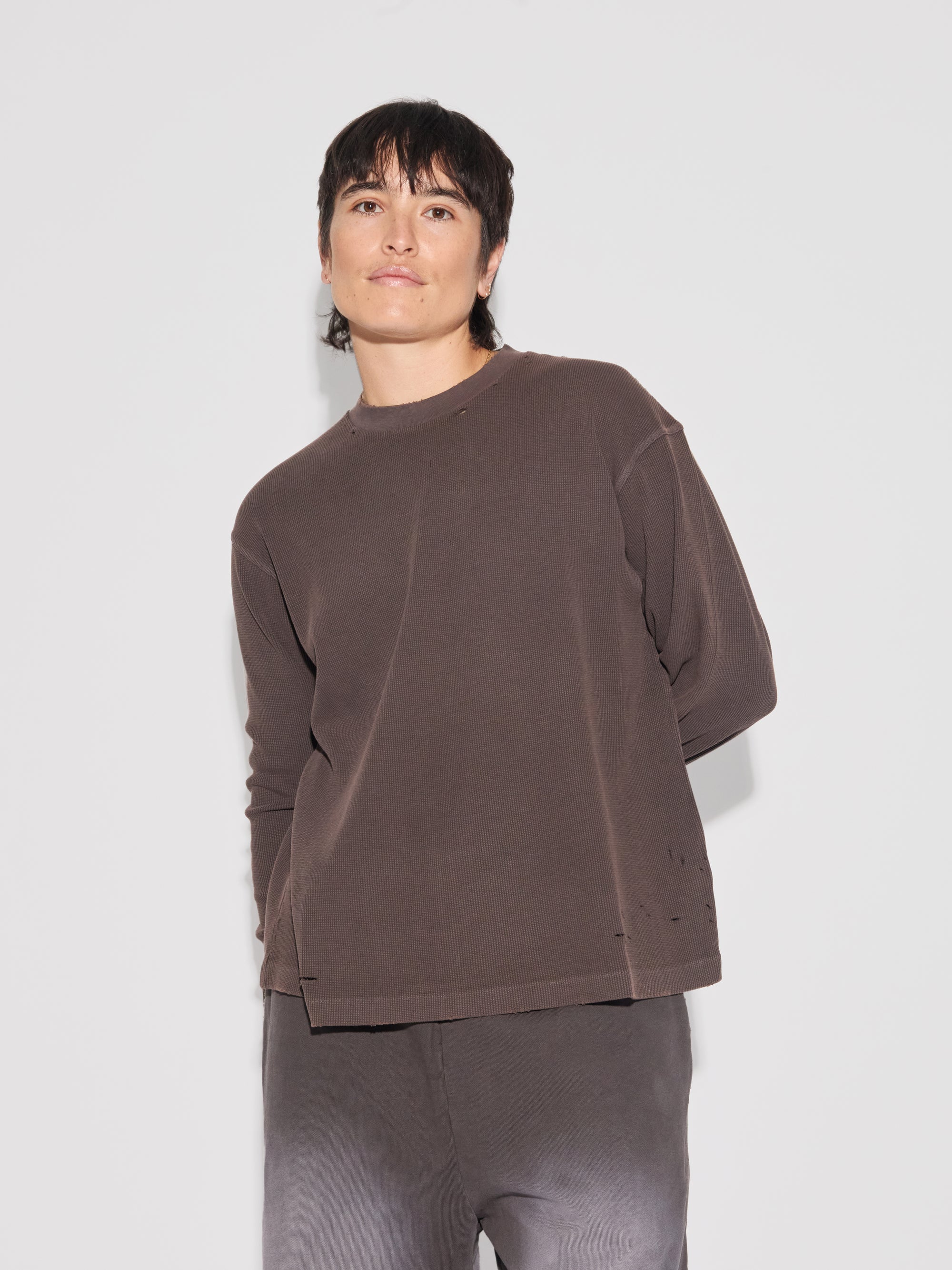 Faded Aging Damaged Long Sleeve Waffle Top