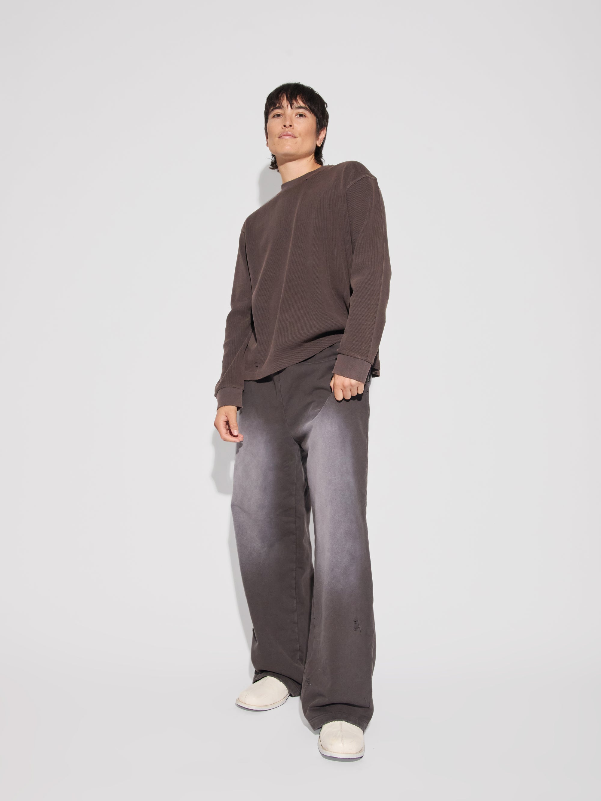 Faded Aging Damaged Long Sleeve Waffle Top