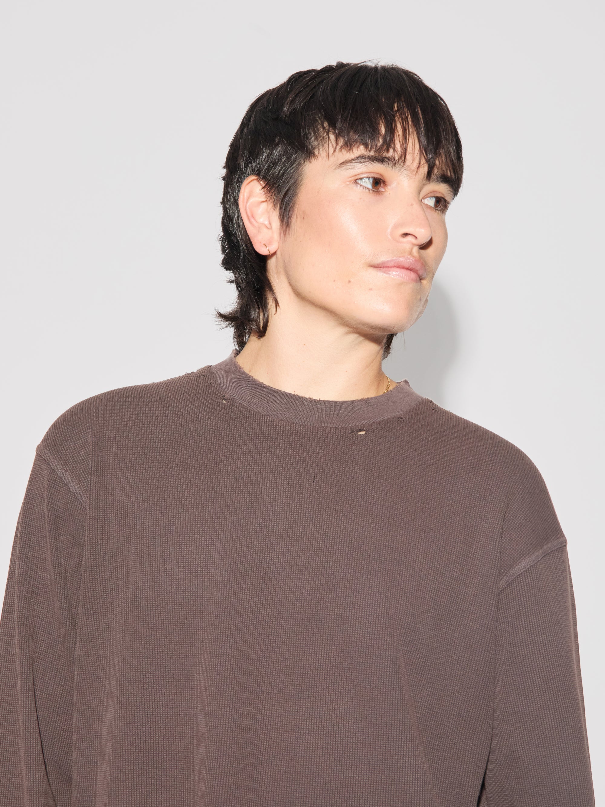 Faded Aging Damaged Long Sleeve Waffle Top