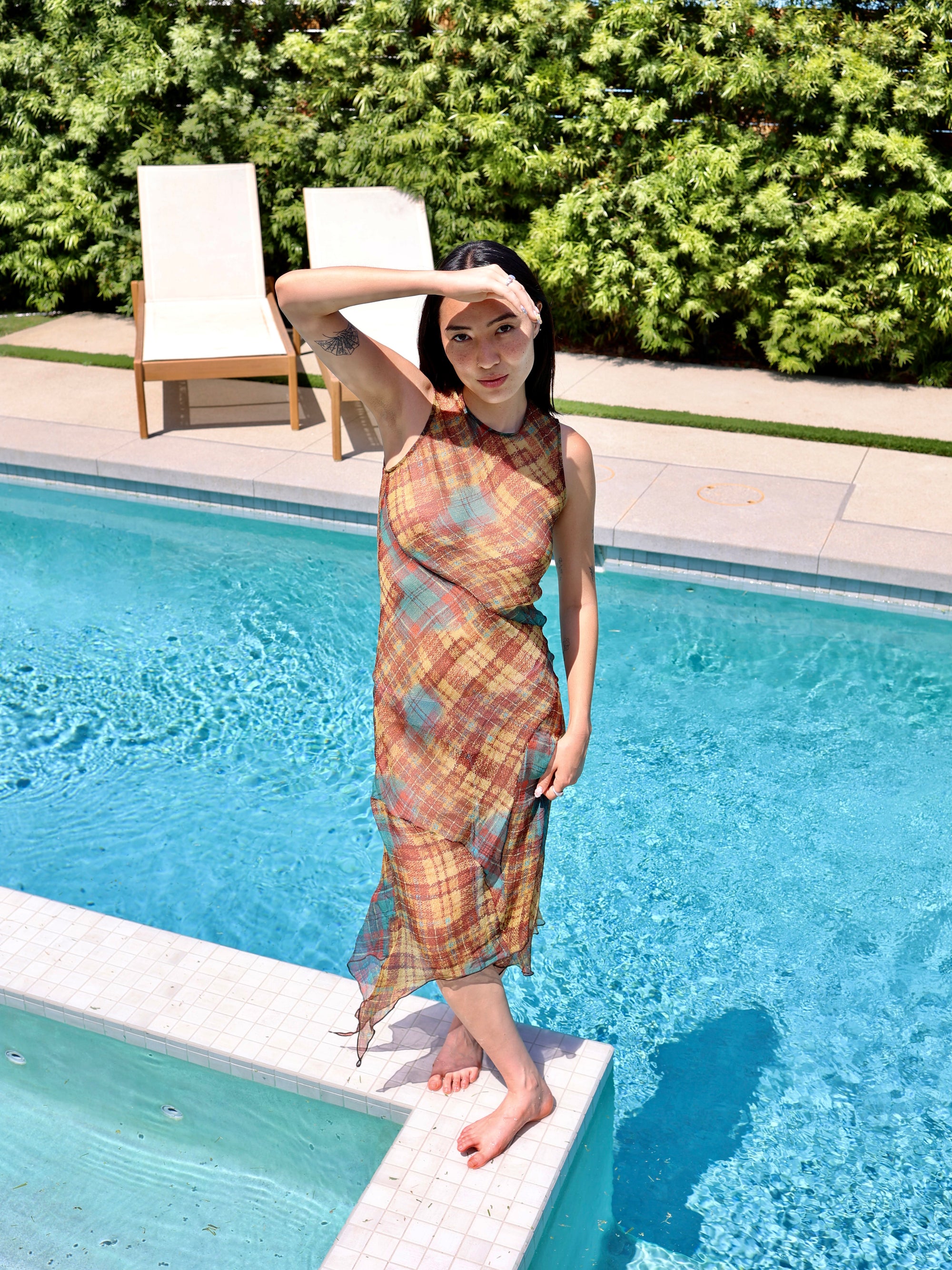 plaid silk dress DOUBLE V-NECK MAXI DRESS